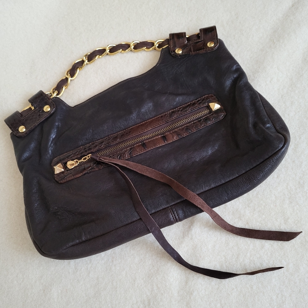 Kiki Pearl Brown Leather Handbag Goldtone Studs USA
